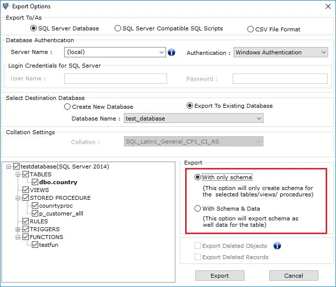 select desired export option