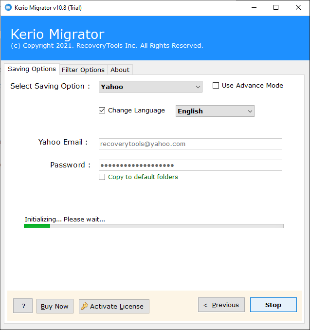 start Kerio to Yahoo Migration