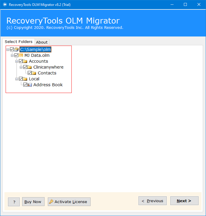 select mailbox folders to convert olm to text