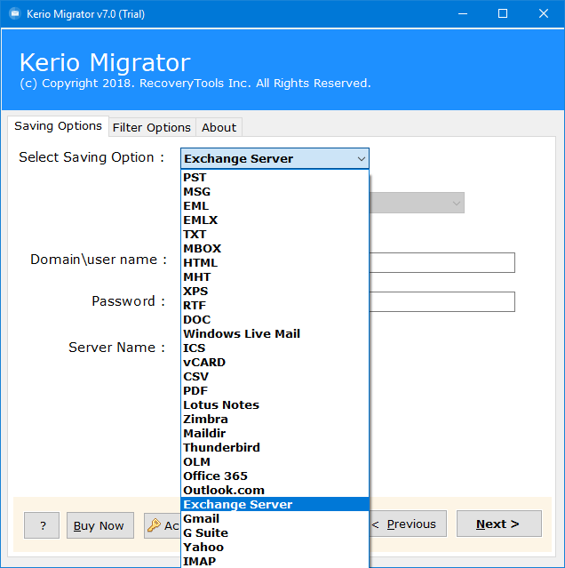 Select the Exchange Server for kerio to exchange migration