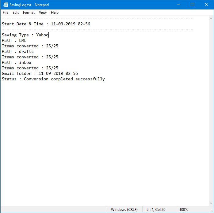 saving log for Yahoo to EML import process