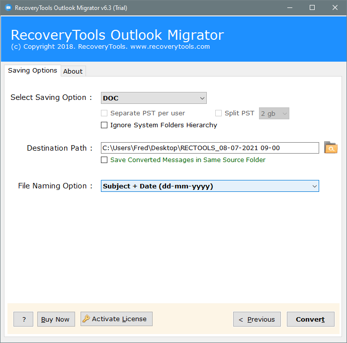 select destination path to convert ost to word