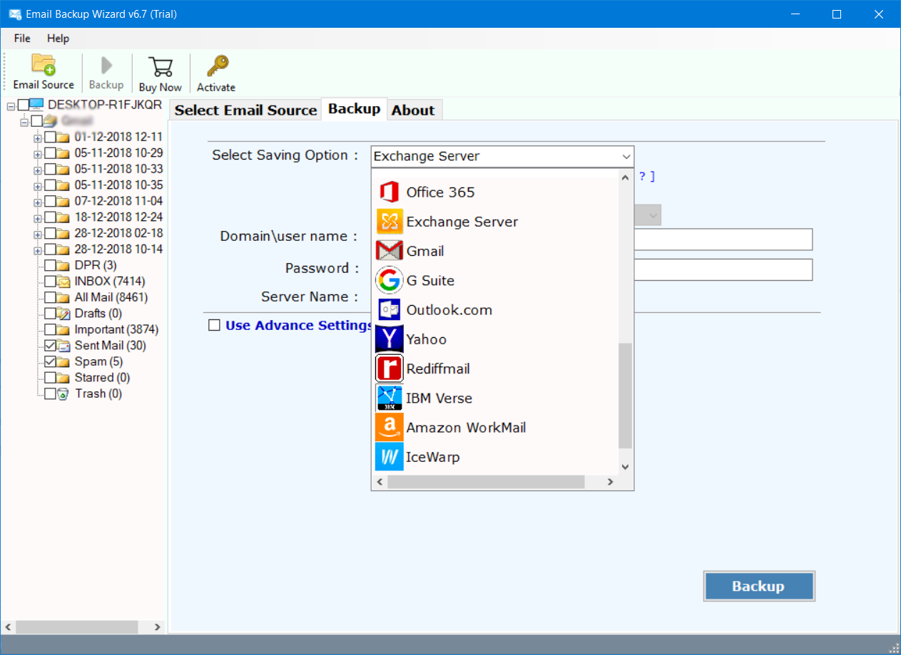 select exchange server option