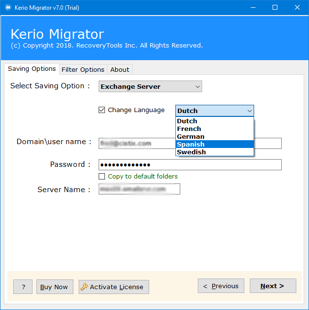 Enter the details of Exchange Server