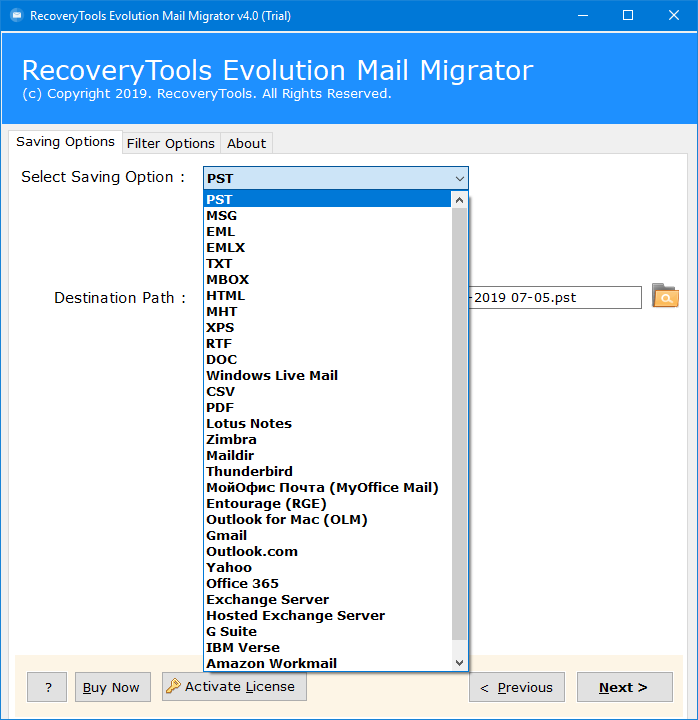 evolution export to pst