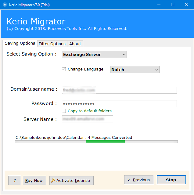 set up all options completely to migrate from kerio to exchange