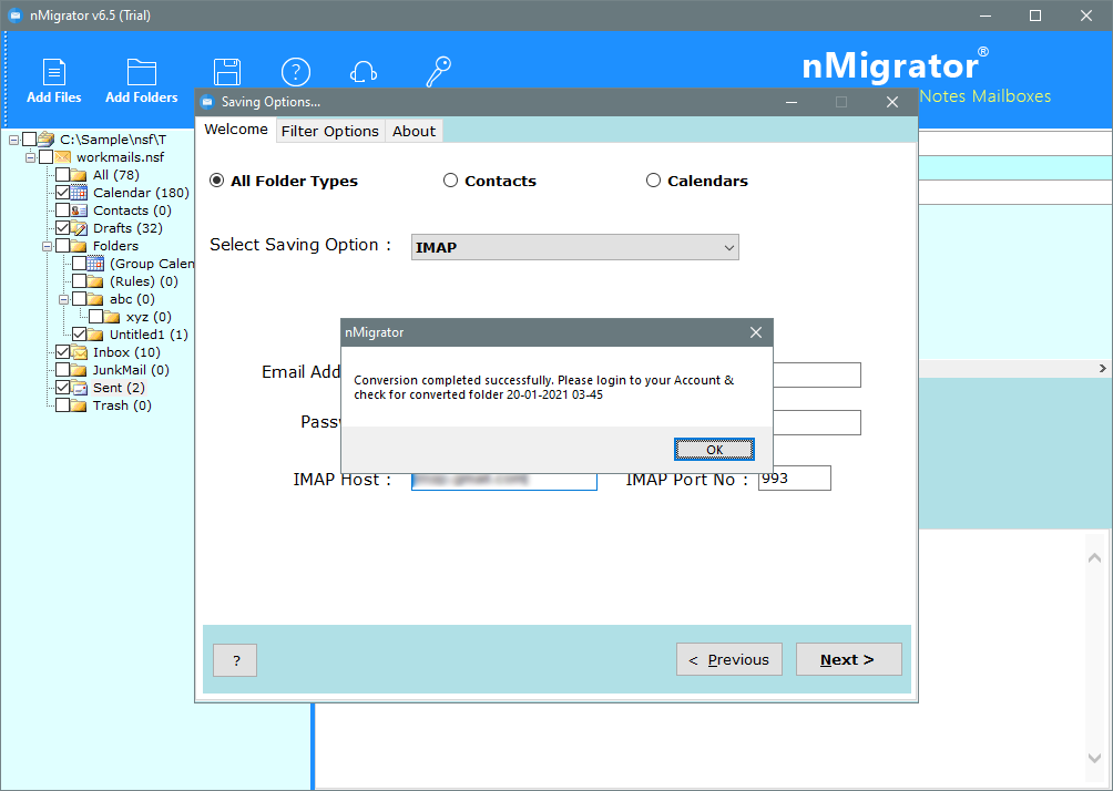 transfer nsf data to imap