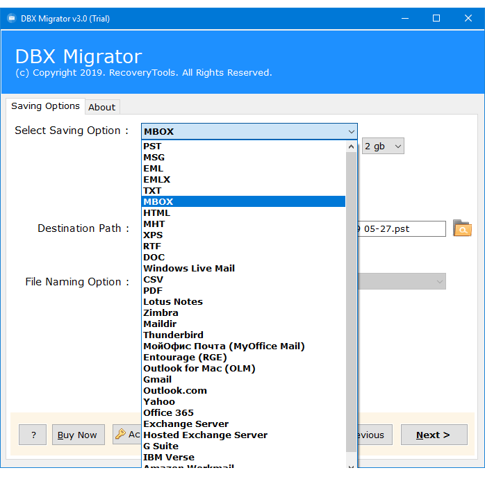 saving formats to convert DBX to MBOX