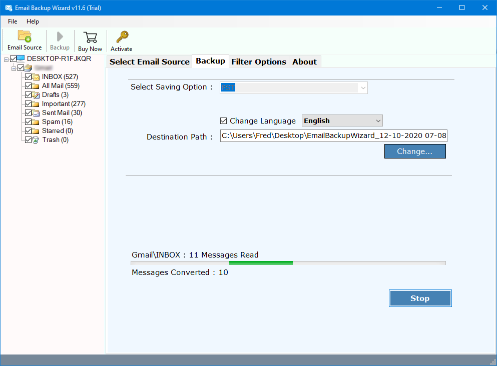 start the process to export exchange to mbox