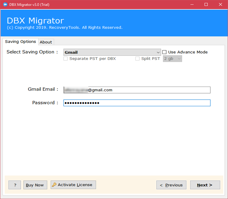 enter login details to import dbx to gmail