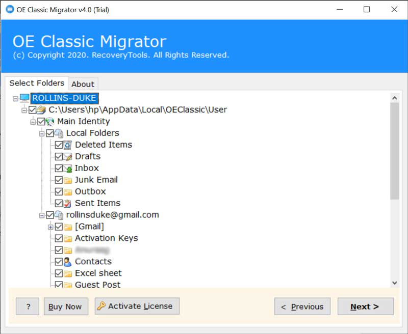 select folders to export OE Classic to Yahoo