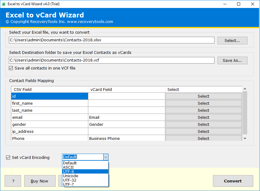 set vcard encoding