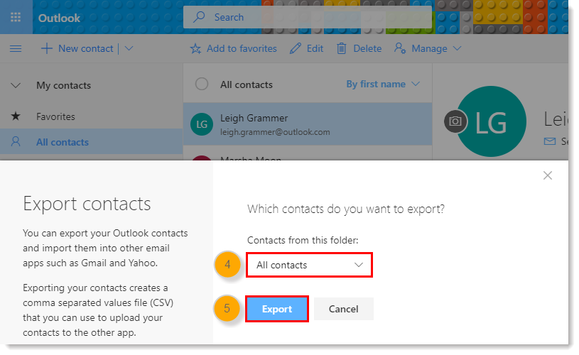 Export Office 365 contacts